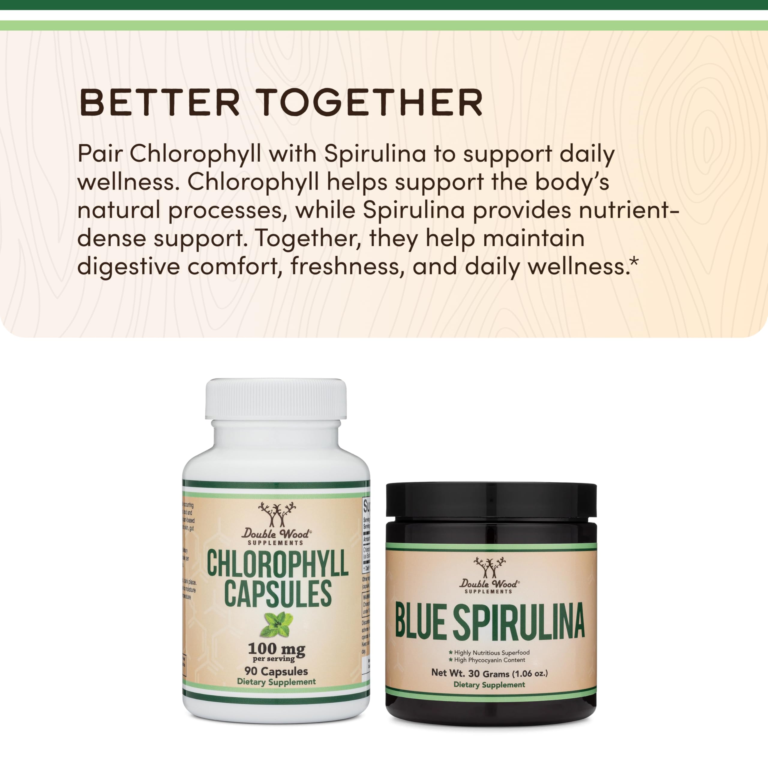Double Wood Supplements etiqueta con información nutricional y garantías de calidad