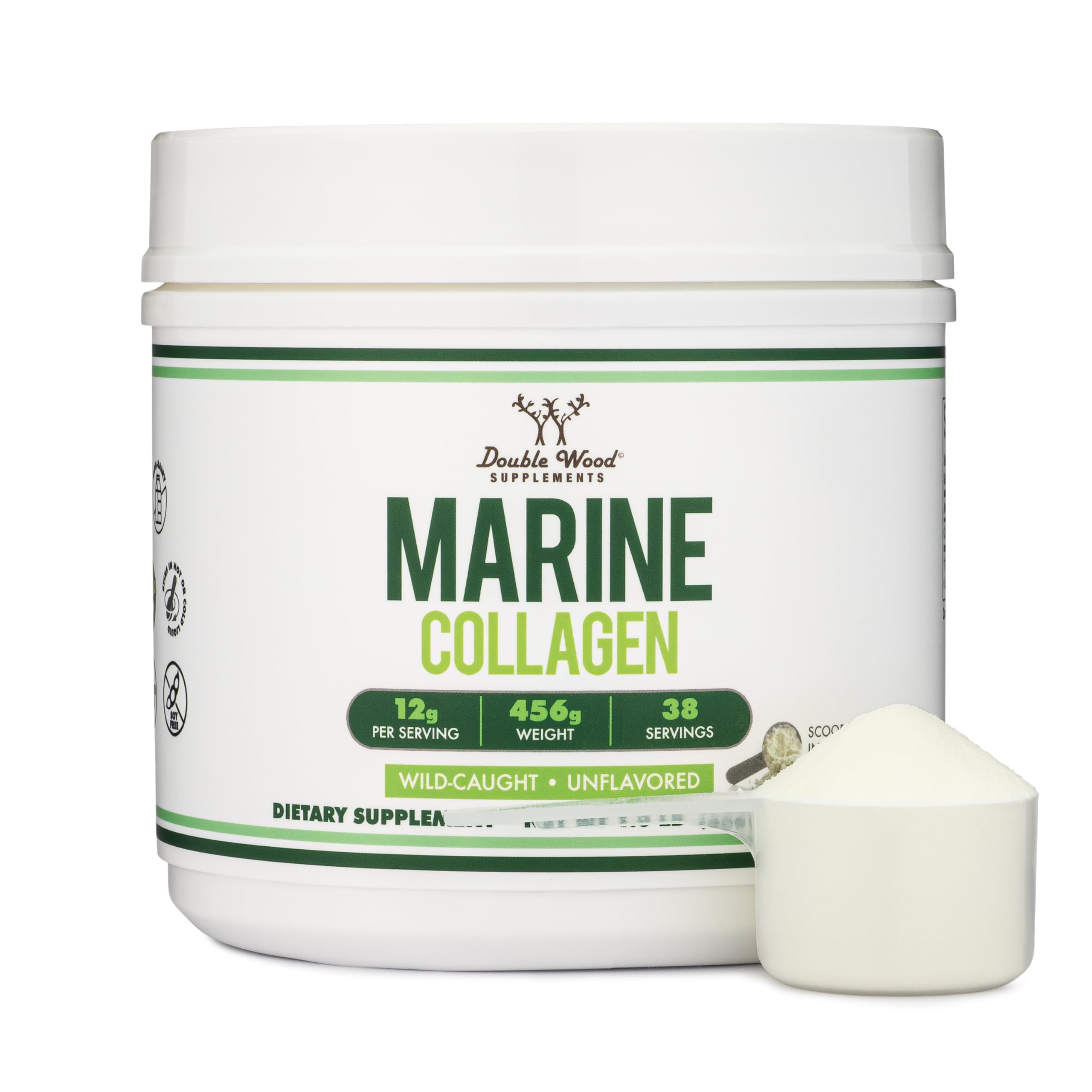 Double Wood envase frontal del colágeno marino con etiqueta clara y valor nutricional
