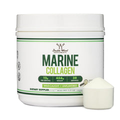 Double Wood envase frontal del colágeno marino con etiqueta clara y valor nutricional