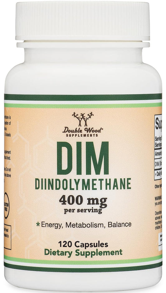 Double Wood DIM frasco frente mostrando etiqueta y beneficios