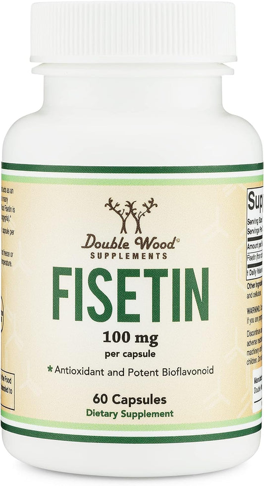 Double Wood Fisetina bote frontal mostrando etiqueta y 60 cápsulas para claridad de uso