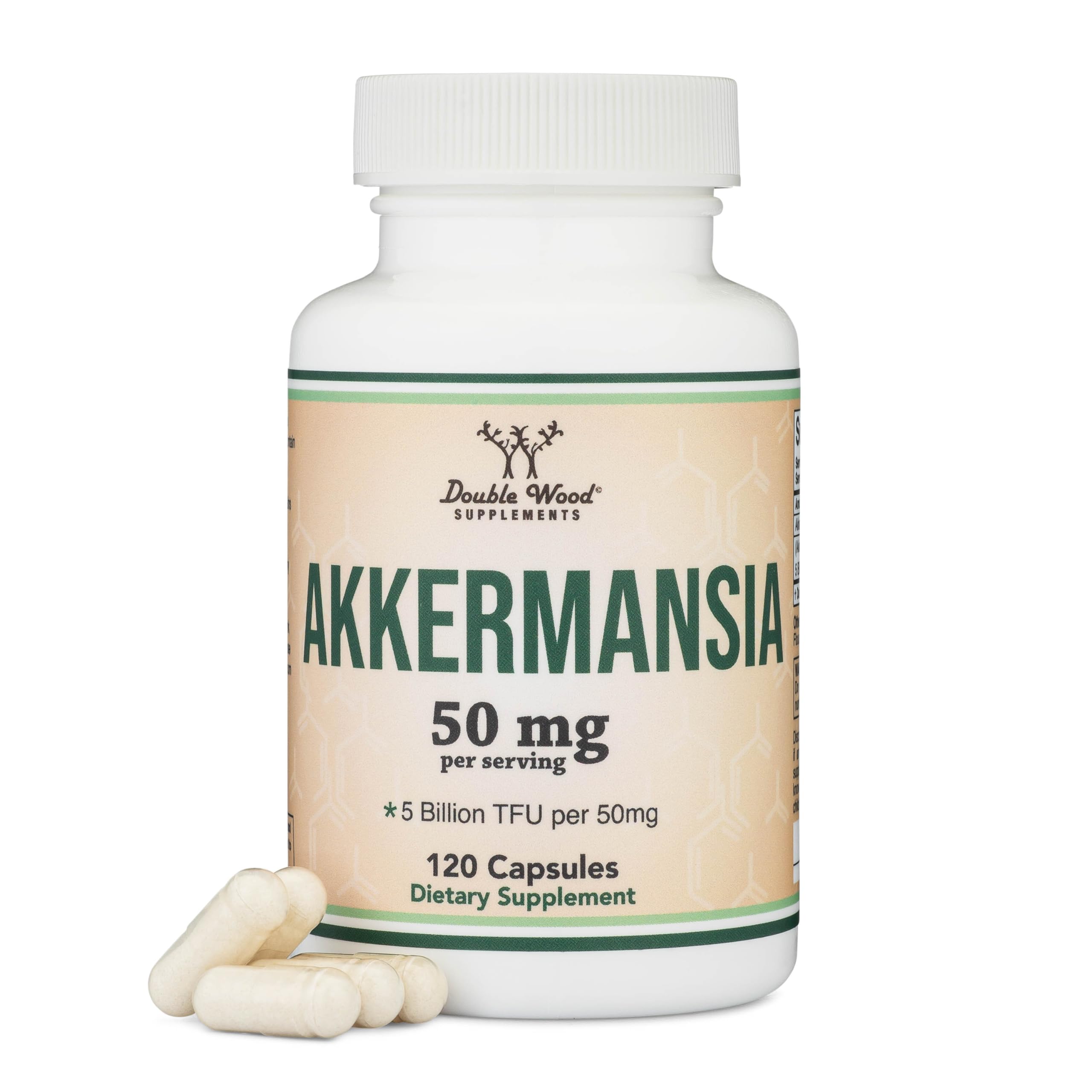Double Wood frasco Akkermansia frontal mostrando etiqueta y beneficio de dos meses