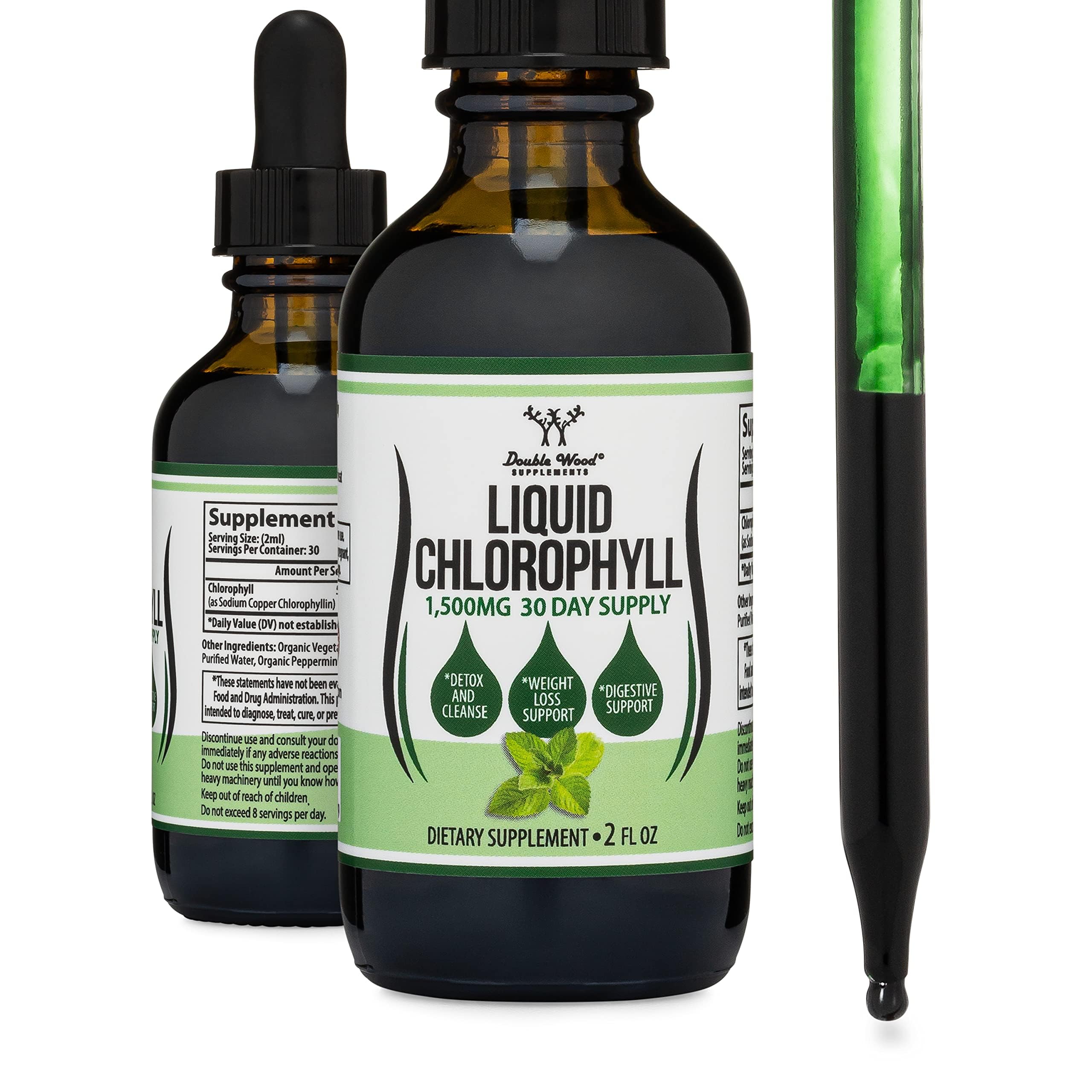 Double Wood frasco frontal de Liquid Chlorophyll gotas mostrando etiqueta y diseño, conveniente para ritual matutino