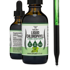 Double Wood frasco frontal de Liquid Chlorophyll gotas mostrando etiqueta y diseño, conveniente para ritual matutino