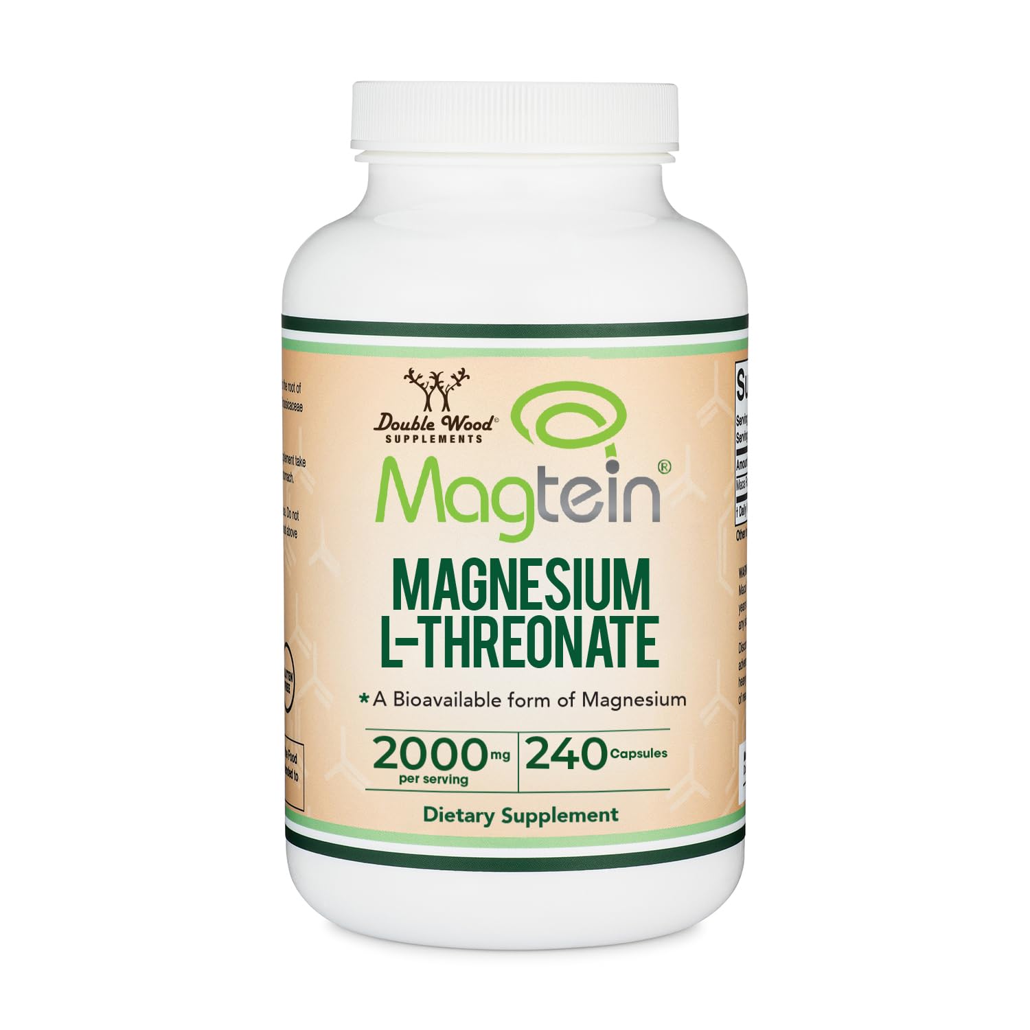Double Wood frasco frontal Magtein mostrando etiqueta clara y beneficios