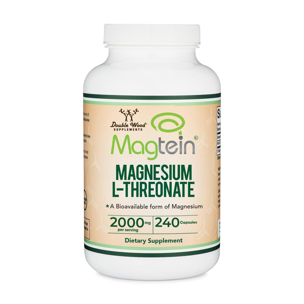 Double Wood frasco frontal Magtein mostrando etiqueta clara y beneficios