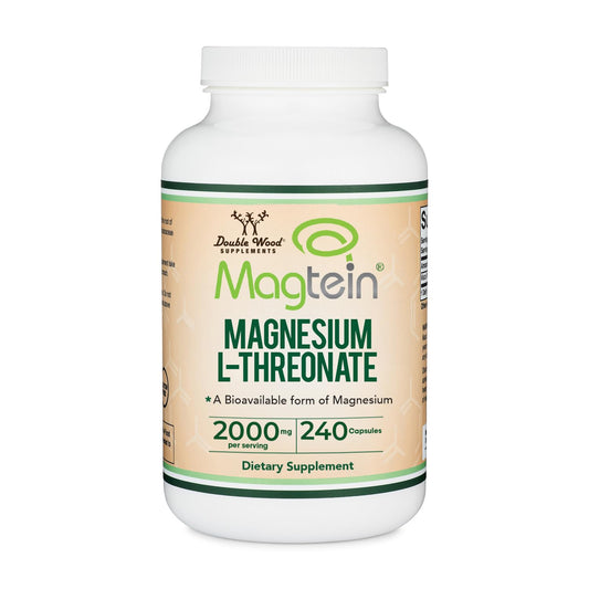 Double Wood frasco frontal Magtein mostrando etiqueta clara y beneficios