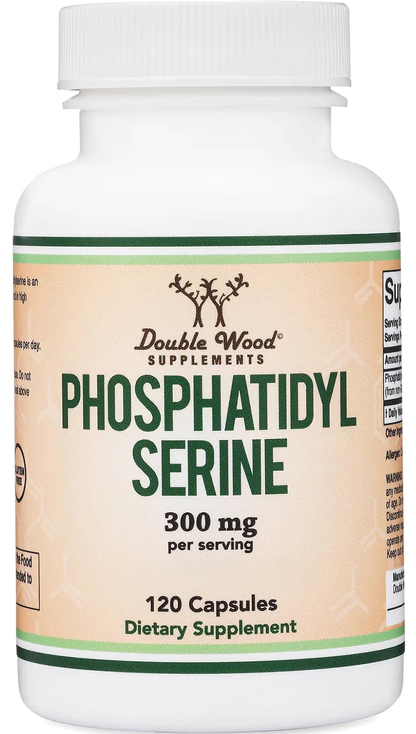 Double Wood frasco frontal de Phosphatidylserine 300 mg que muestra etiqueta y beneficios