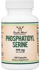 Double Wood frasco frontal de Phosphatidylserine 300 mg que muestra etiqueta y beneficios