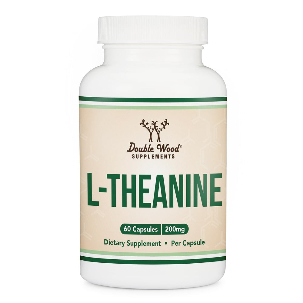 Double Wood envase frontal mostrando L-Theanine 200 mg y beneficios de calma