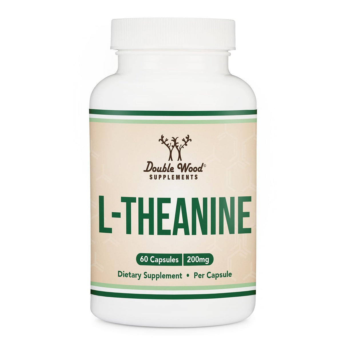 Double Wood envase frontal mostrando L-Theanine 200 mg y beneficios de calma
