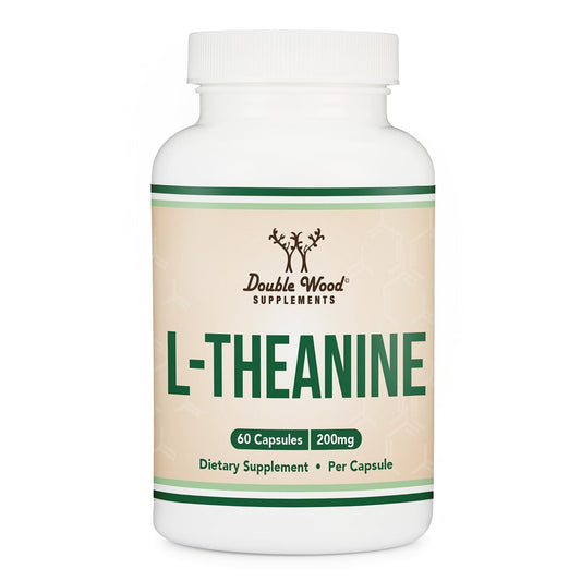 Double Wood envase frontal mostrando L-Theanine 200 mg y beneficios de calma