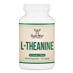Double Wood envase frontal mostrando L-Theanine 200 mg y beneficios de calma