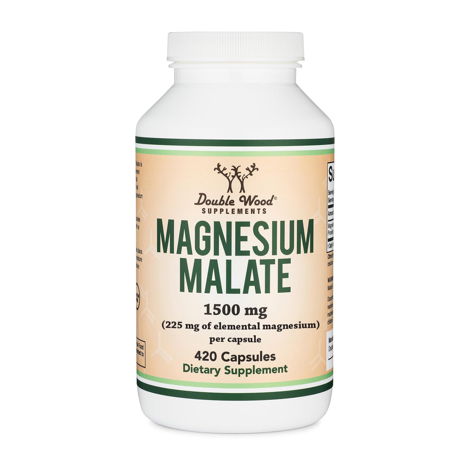 Double Wood envase frontal de Magnesium Malate mostrando cantidad y beneficio