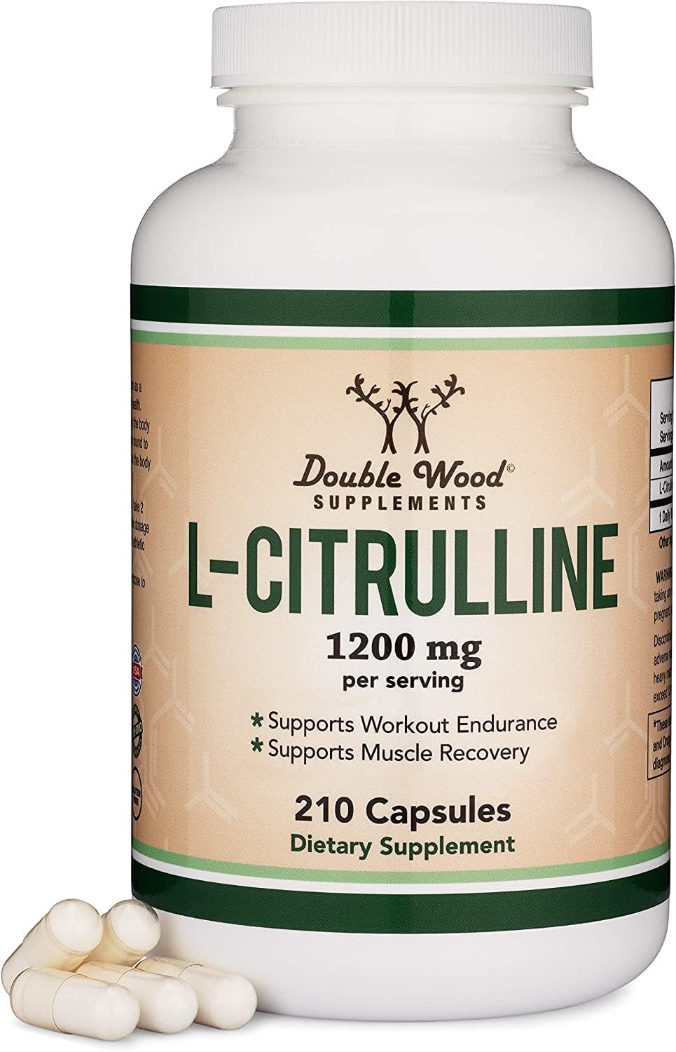 Double Wood frasco frontal L-Citrulline 210 cápsulas muestra valor y cantidad
