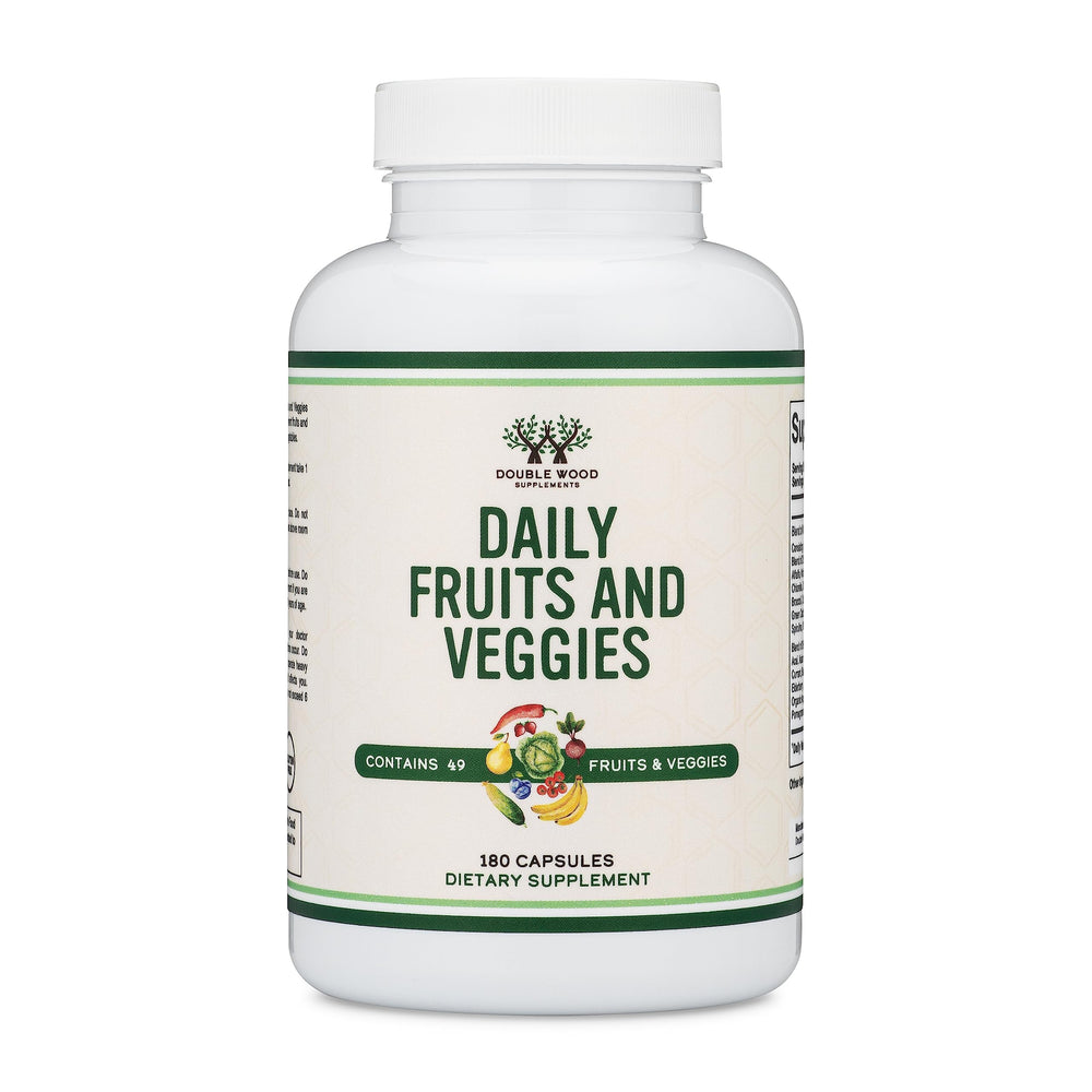 Double Wood Supplements frasco frontal mostrando 180 cápsulas beneficios comodidad