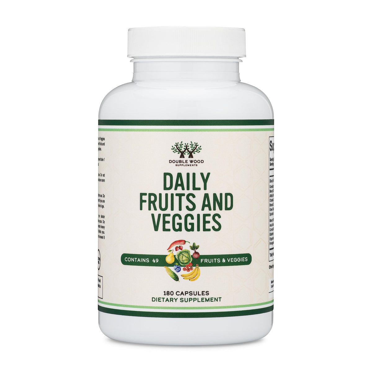 Double Wood Supplements frasco frontal mostrando 180 cápsulas beneficios comodidad
