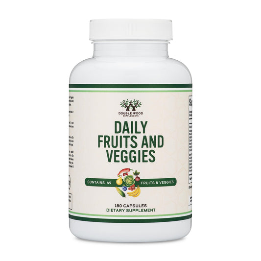 Double Wood Supplements frasco frontal mostrando 180 cápsulas beneficios comodidad