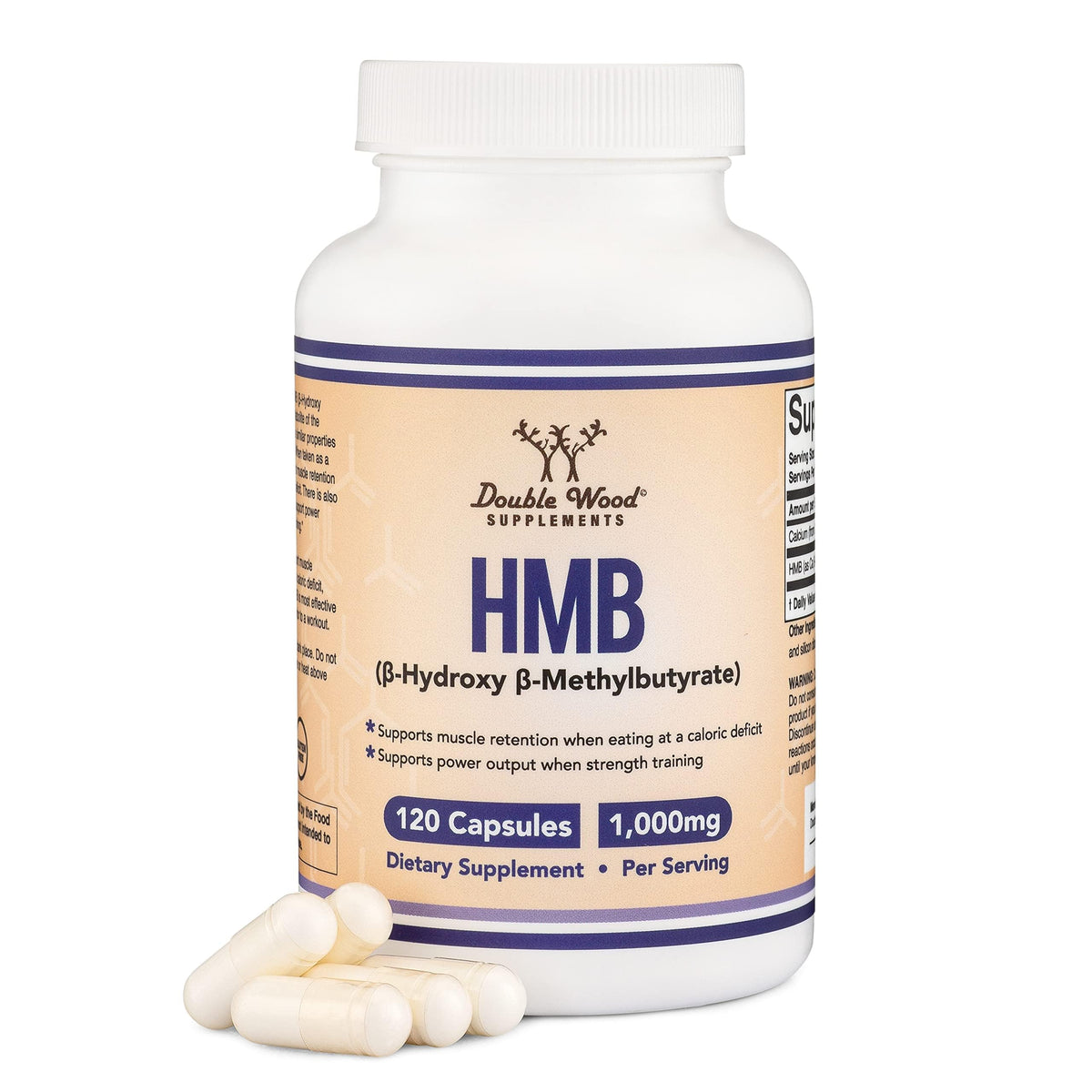 Double Wood bote frontal mostrando HMB 1.000 mg y claridad de dosis
