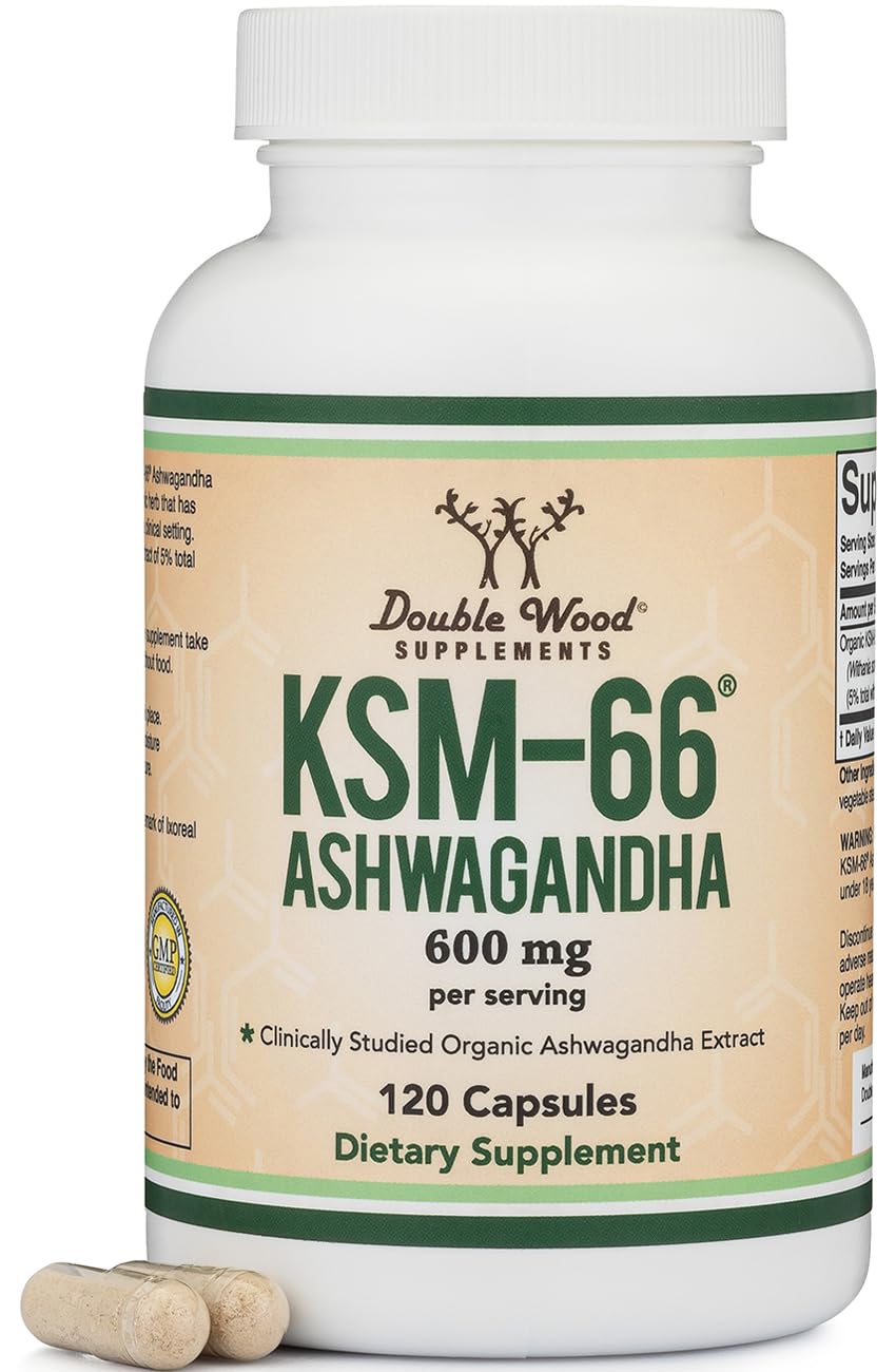 Double Wood KSM-66 frontal del envase mostrando 120 cápsulas y beneficios