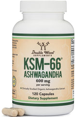 Double Wood KSM-66 frontal del envase mostrando 120 cápsulas y beneficios