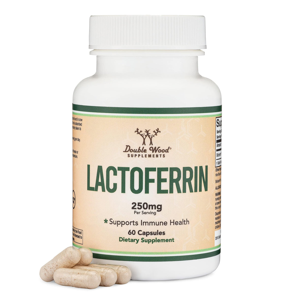 Double Wood Supplements bote frontal mostrando Lactoferrin 250 mg y claridad de uso
