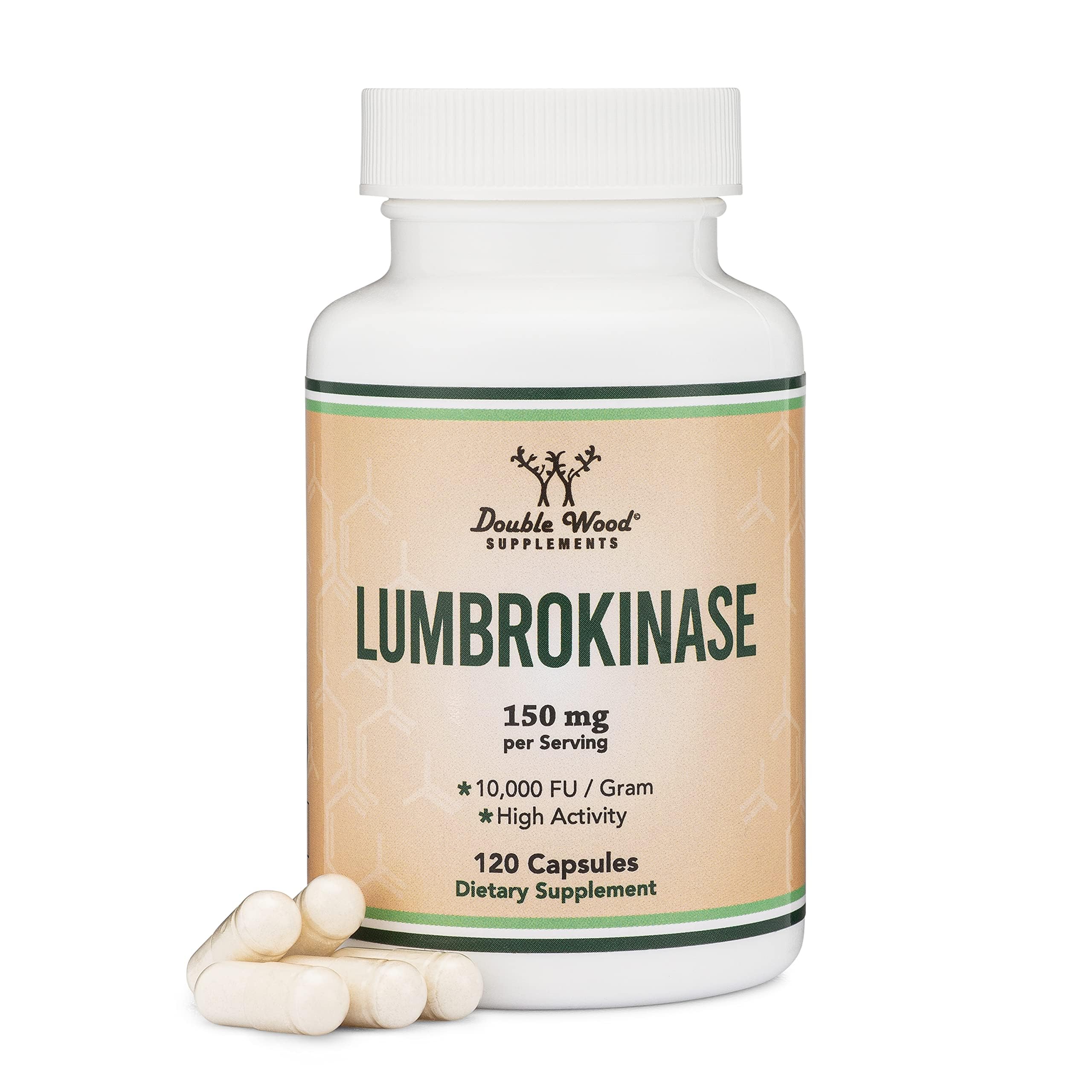 Double Wood Lumbrokinase vista frontal con etiqueta clara y beneficio de pureza