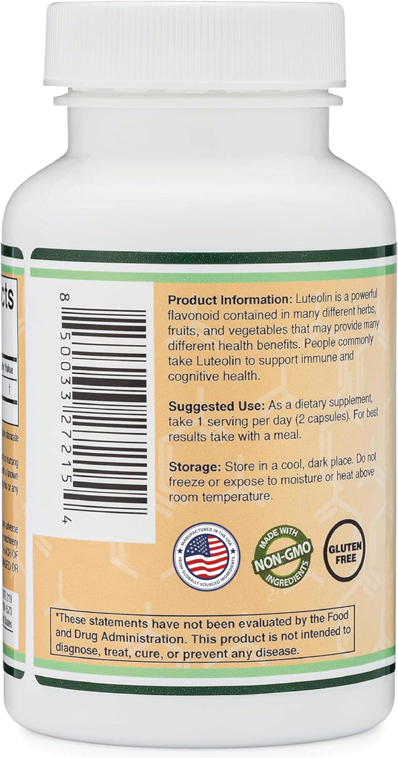 Frasco de Double Wood Luteolin en mano para comparar escala y raciones por frasco