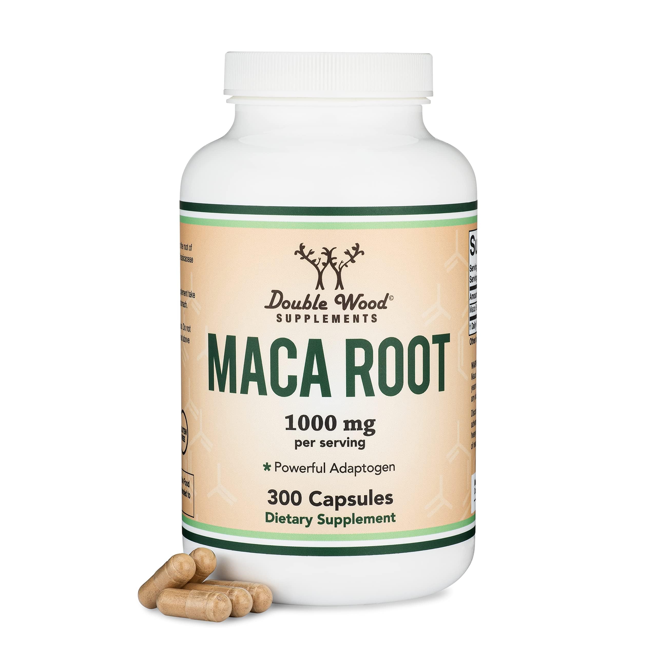 Double Wood Maca Root frontal del envase con etiqueta clara y beneficios listados
