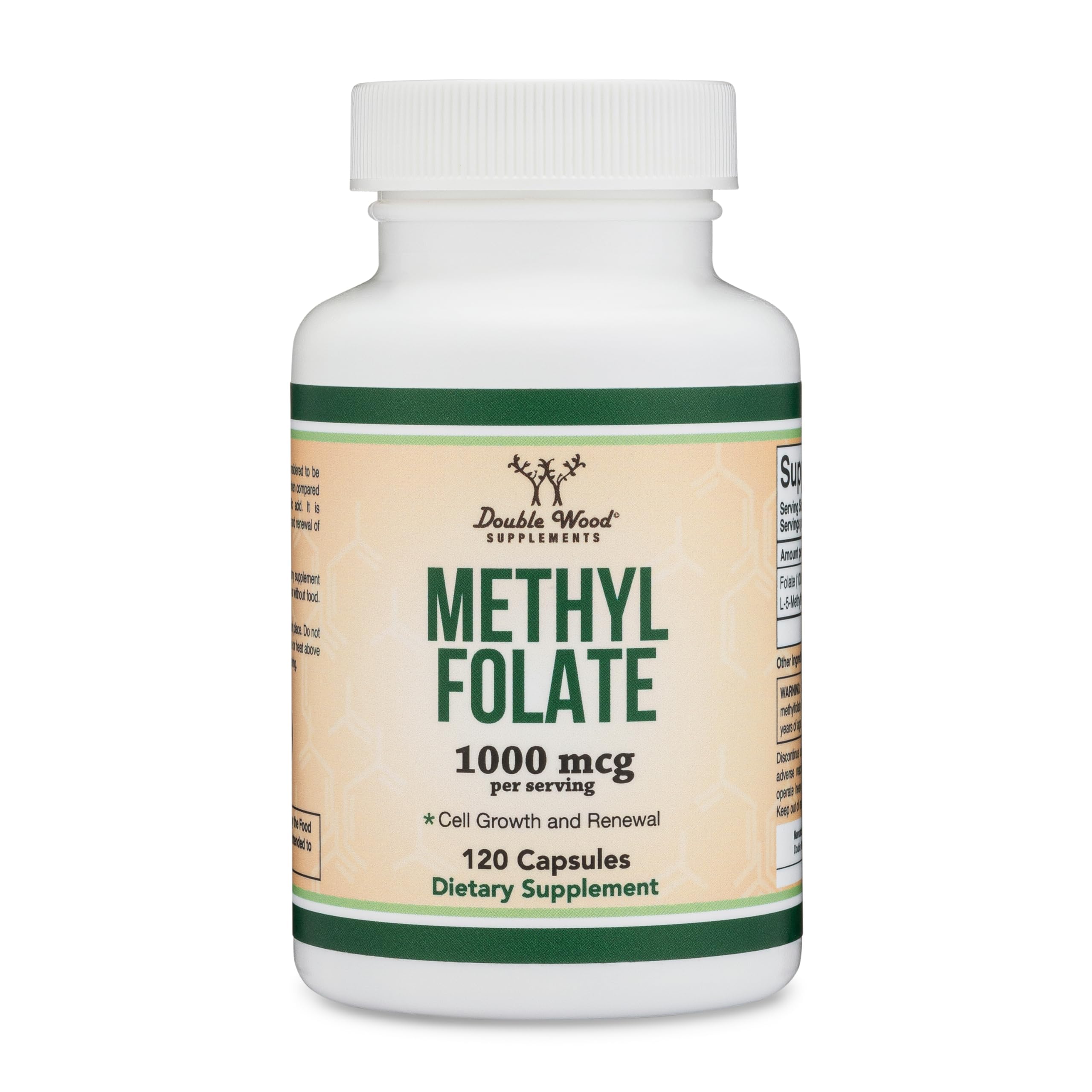 Double Wood Supplements producto sobre mesa de cocina junto a alimentos saludables