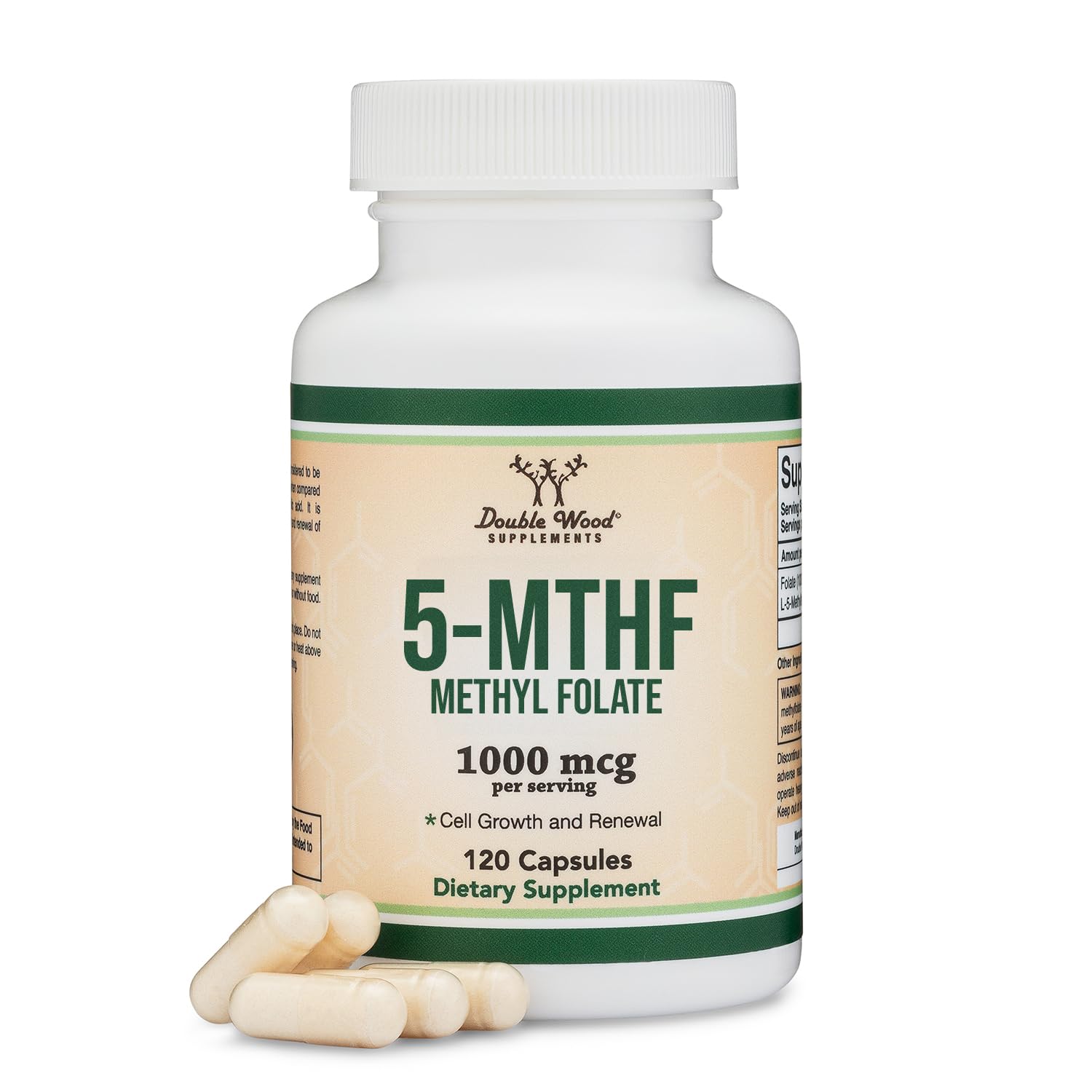 Double Wood Supplements frasco frontal mostrando etiqueta y dosis 1,000 mcg