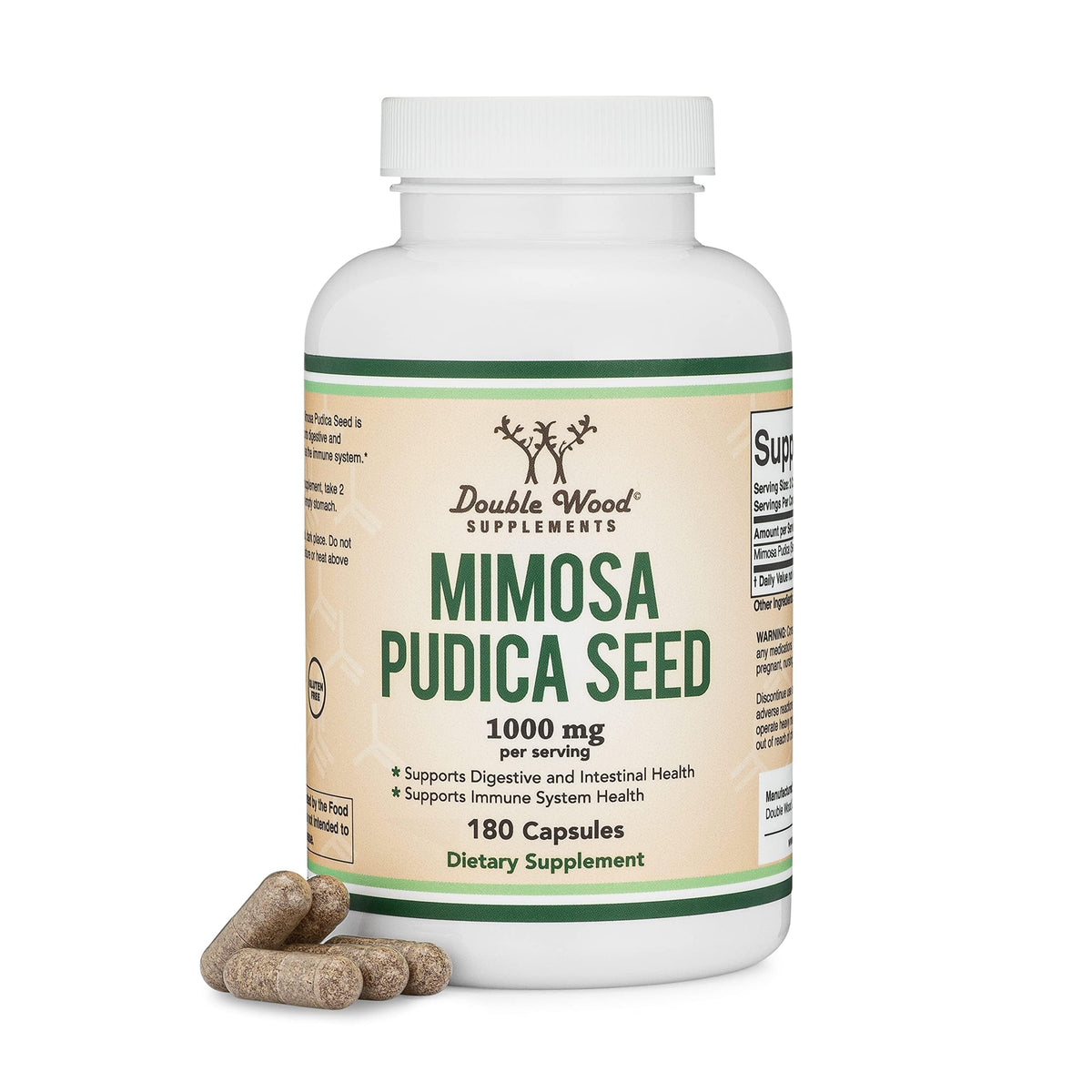 Double Wood bote frontal mostrando Mimosa Pudica 180 cápsulas, claridad del envase y dosis