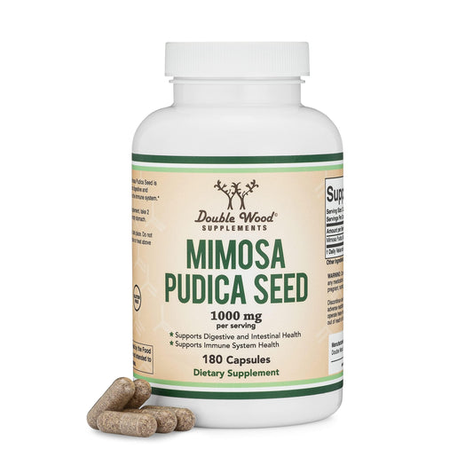 Double Wood bote frontal mostrando Mimosa Pudica 180 cápsulas, claridad del envase y dosis