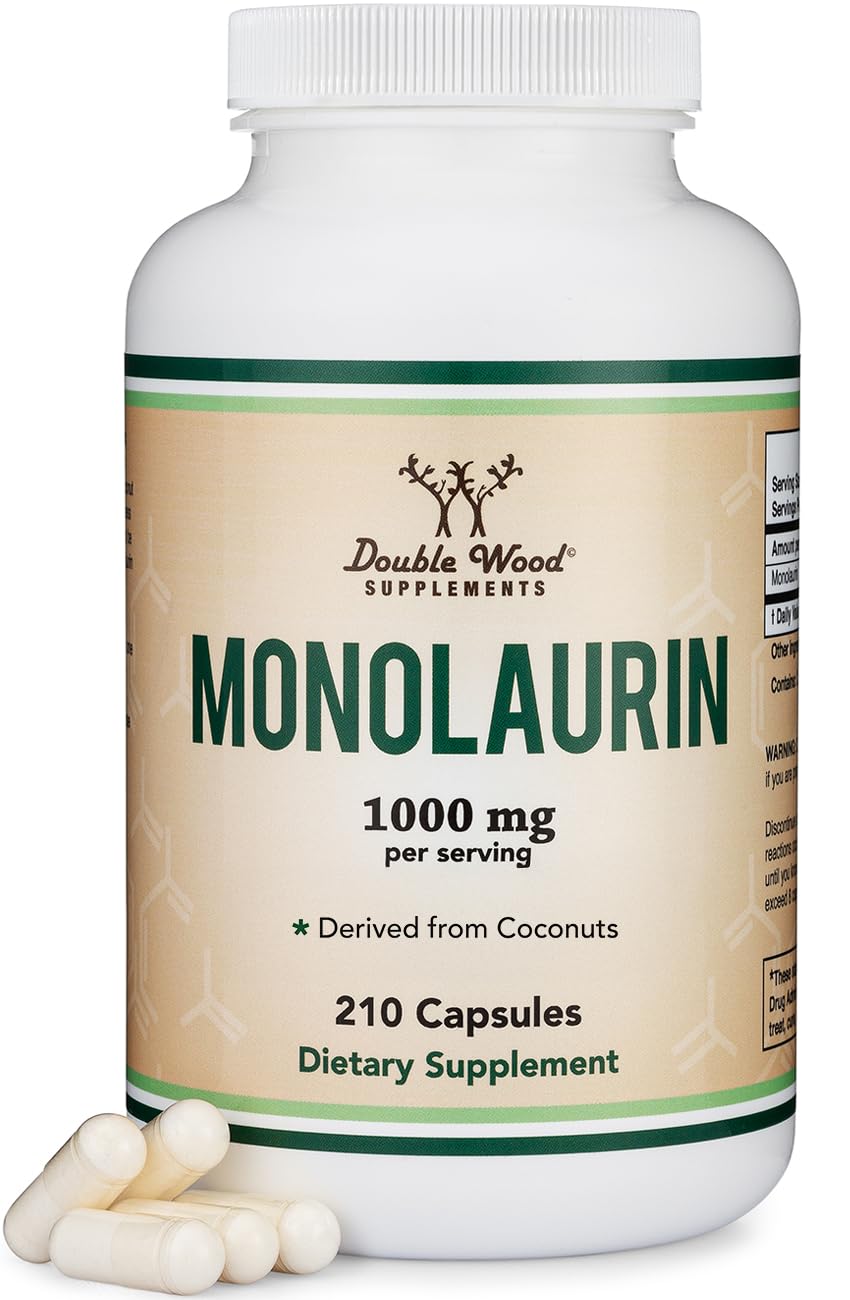 Double Wood Monolaurin frasco frontal mostrando etiqueta clara y dosis por cápsula