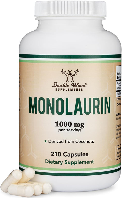 Double Wood Monolaurin frasco frontal mostrando etiqueta clara y dosis por cápsula