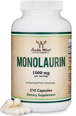 Double Wood Monolaurin frasco frontal mostrando etiqueta clara y dosis por cápsula