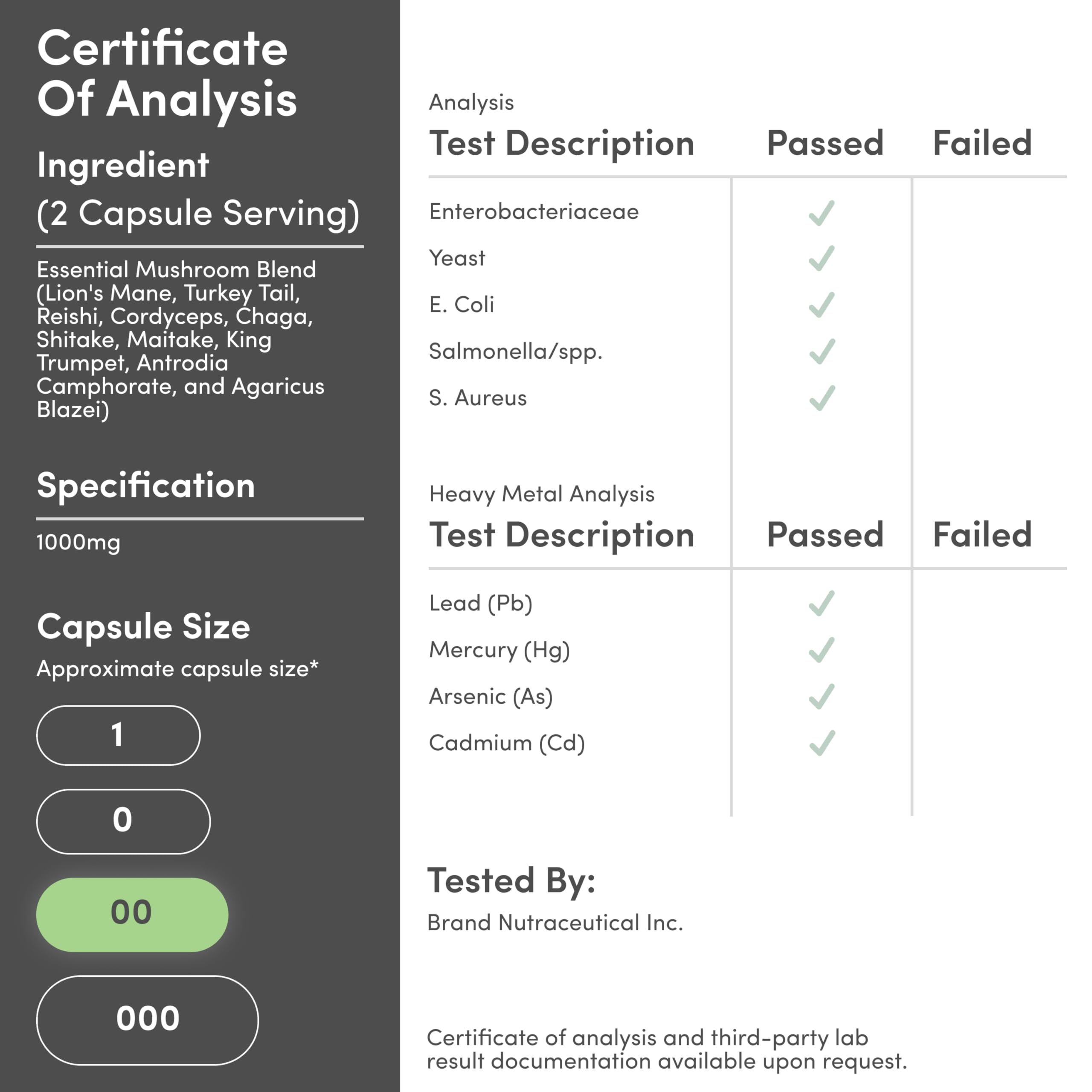 Etiqueta de Double Wood Mushroom Complex con lista de 10 setas y certificaciones