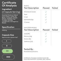 Etiqueta de Double Wood Mushroom Complex con lista de 10 setas y certificaciones
