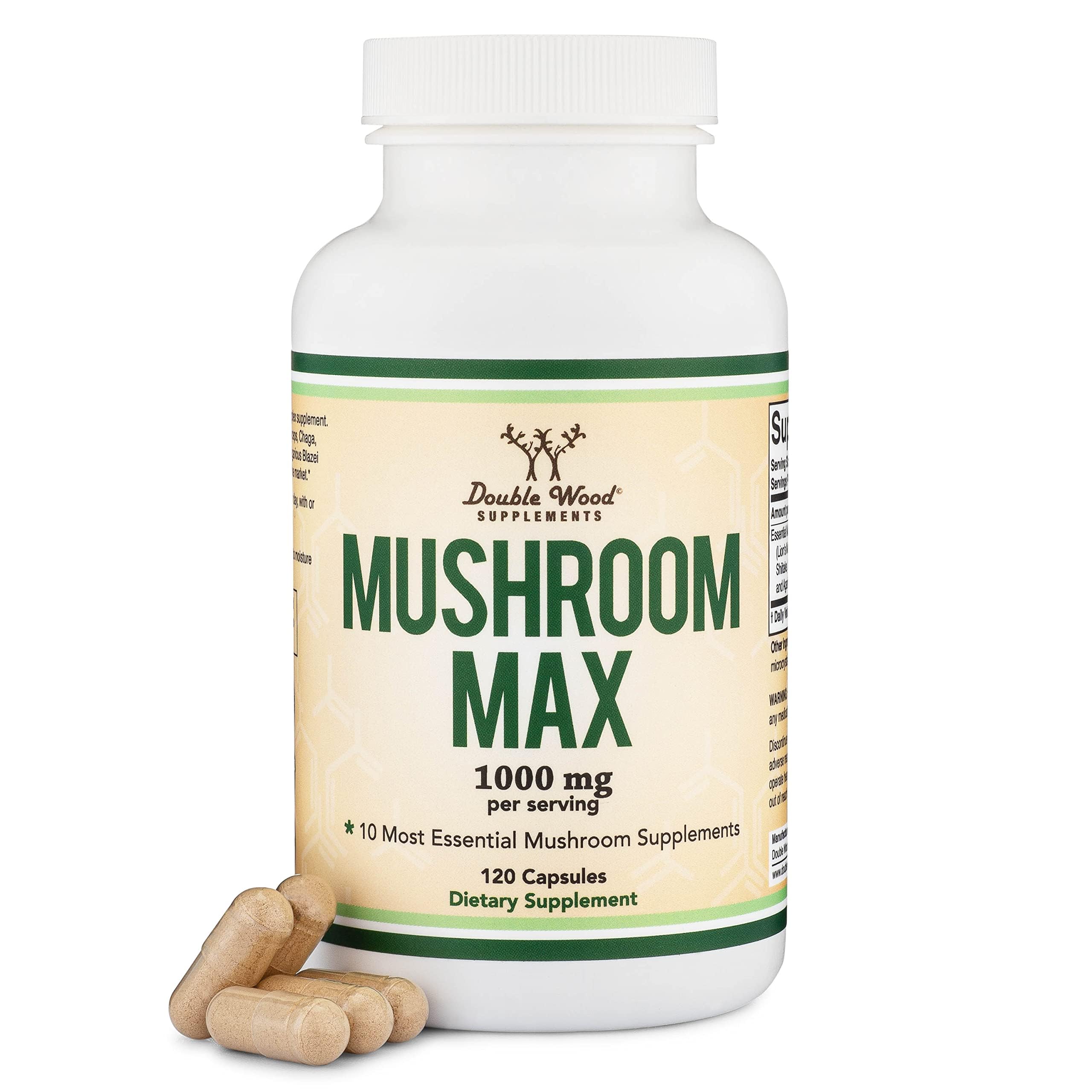 Double Wood Supplements frasco frontal mostrando 120 cápsulas y beneficios generales