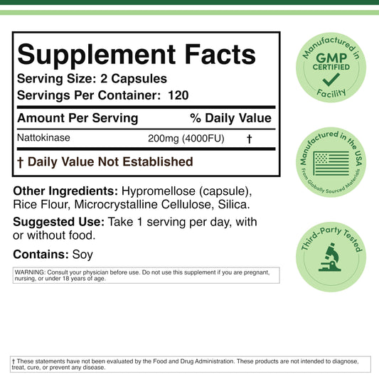 Detalle de la etiqueta Double Wood Nattokinase mostrando 2,000 FU y certificaciones de calidad