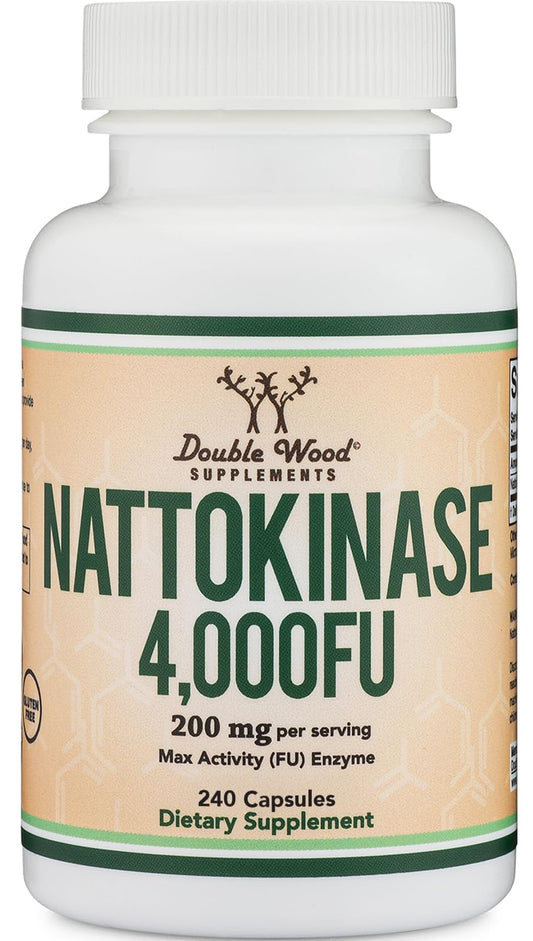 Double Wood Nattokinase envase frontal que muestra 240 cápsulas y ventaja de suministro prolongado
