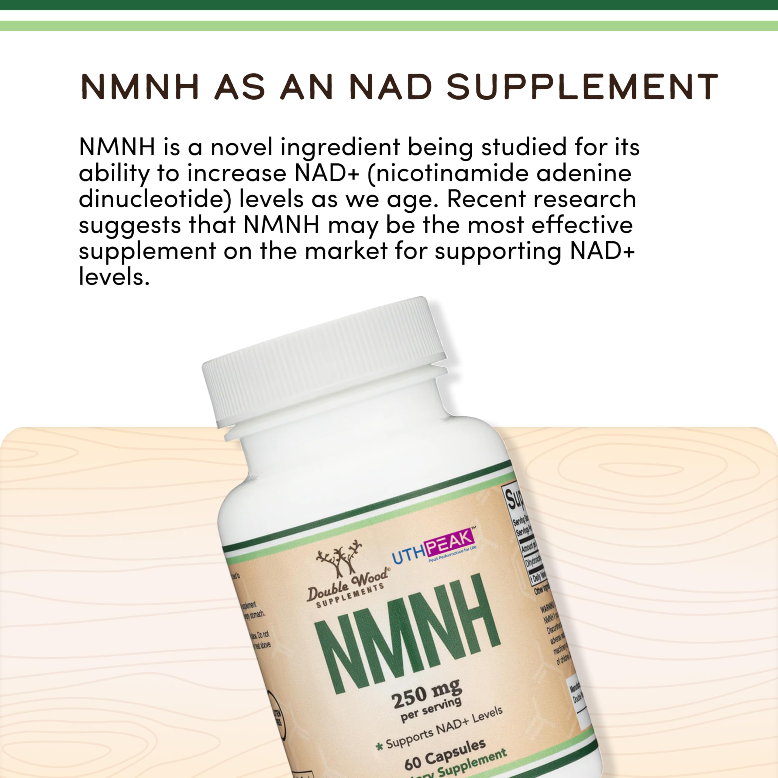 Double Wood NMNH detalle de etiqueta mostrando ingredientes y pureza, trazabilidad