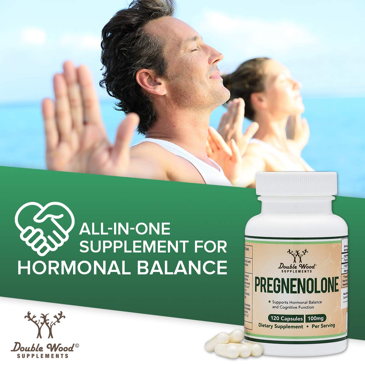Double Wood Pregnenolone etiqueta con ingredientes y certificaciones visibles
