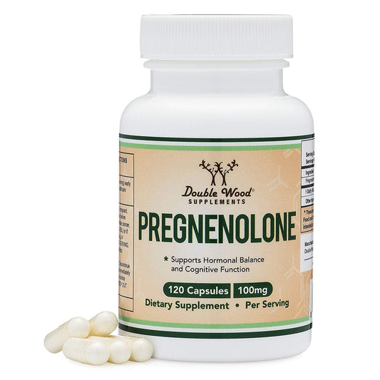 Double Wood Pregnenolone vista frontal del envase, presentación clara y profesional