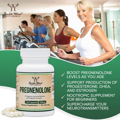 Double Wood Pregnenolone cápsulas junto a una moneda para escala, cantidad conveniente