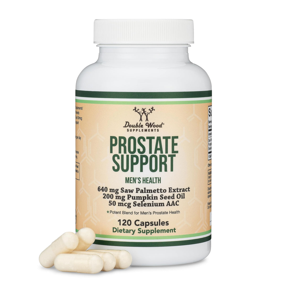 Double Wood Prostate Support vista frontal del envase, claridad de dosis y beneficios