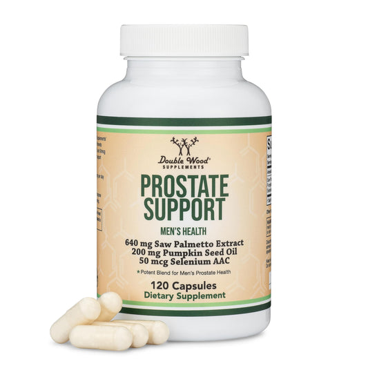 Double Wood Prostate Support vista frontal del envase, claridad de dosis y beneficios