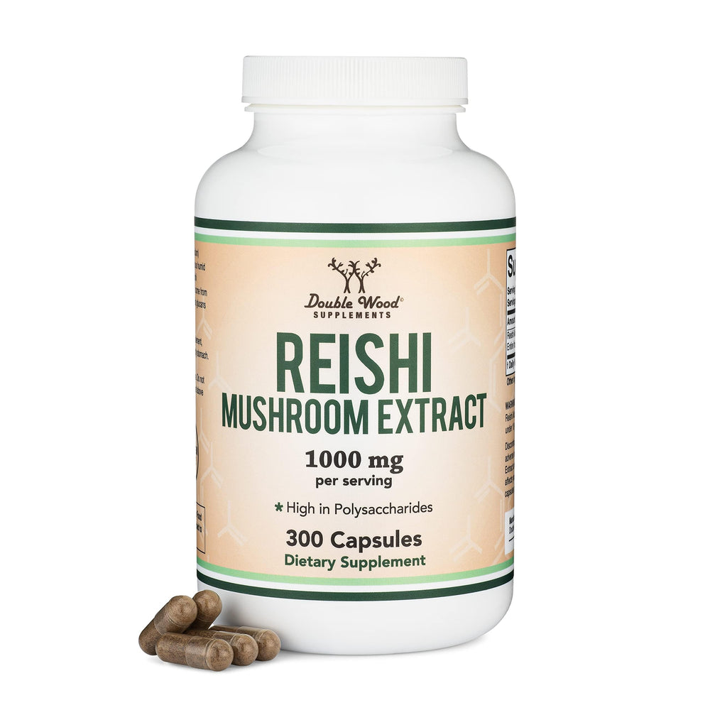 Double Wood reishi frente del empaque mostrando frasco y beneficio de suministro prolongado