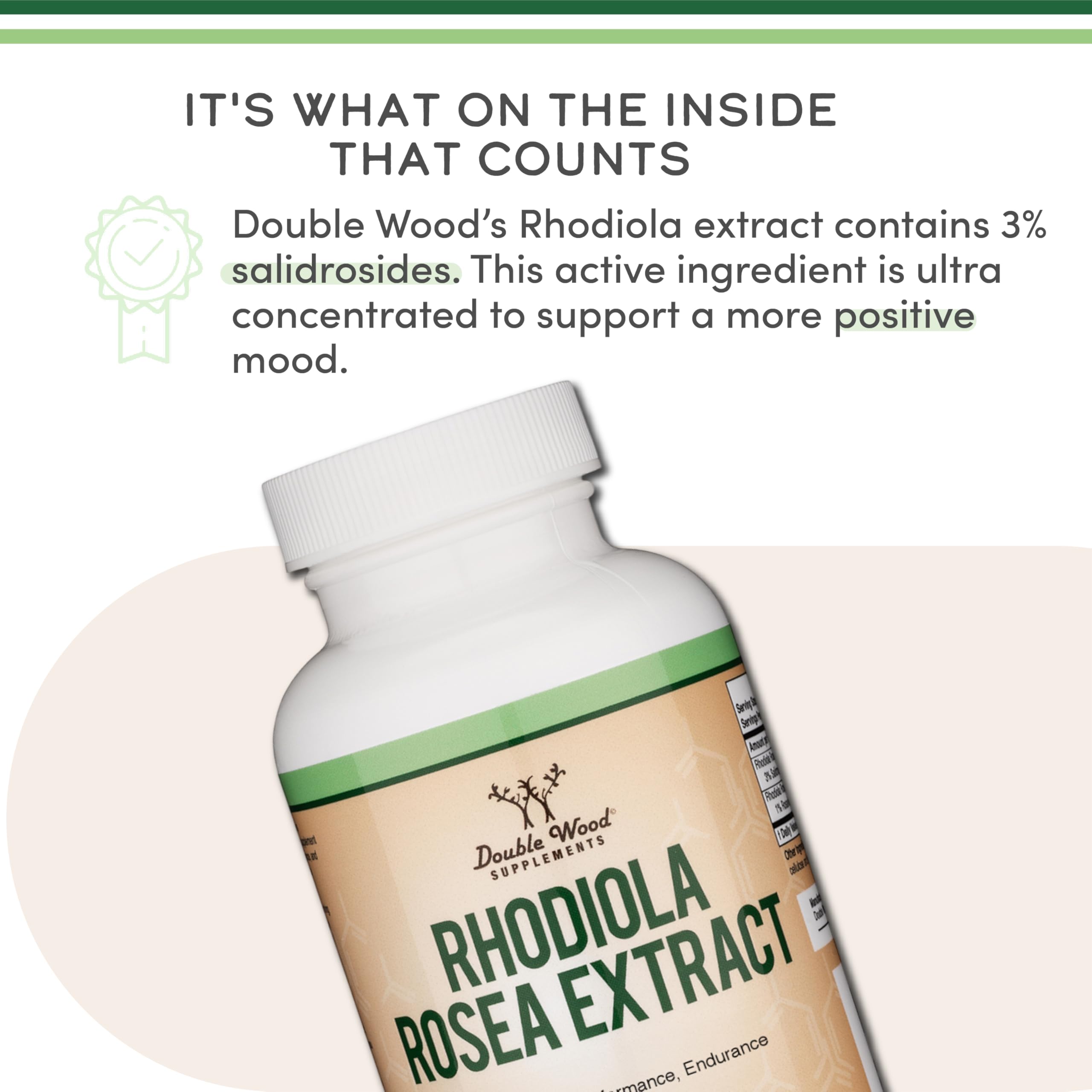 Double Wood Supplements botella abierta con cápsulas resaltando facilidad de consumo