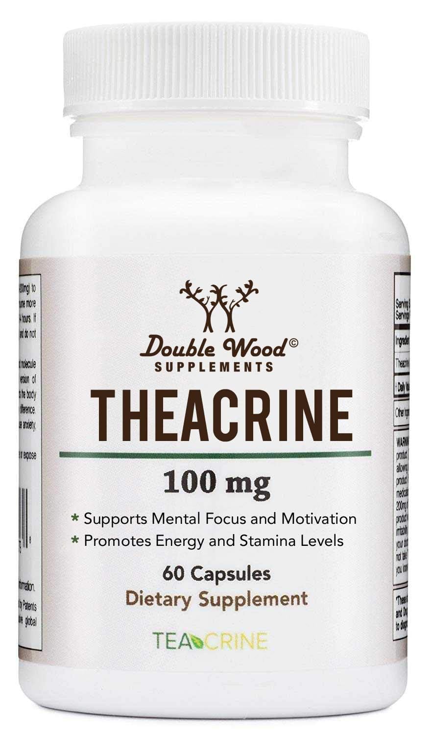 Double Wood Supplements frasco frontal mostrando etiqueta y beneficio energía sostenida